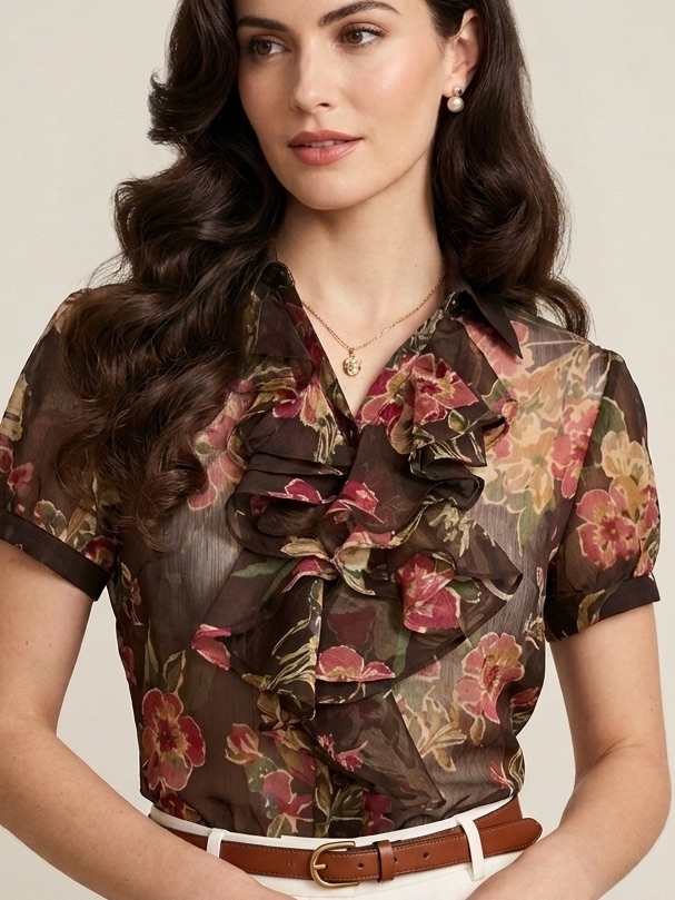 Lauren Ralph Lauren Xs Sheer Blouse Georgette Espresso Floral Ruffle Top